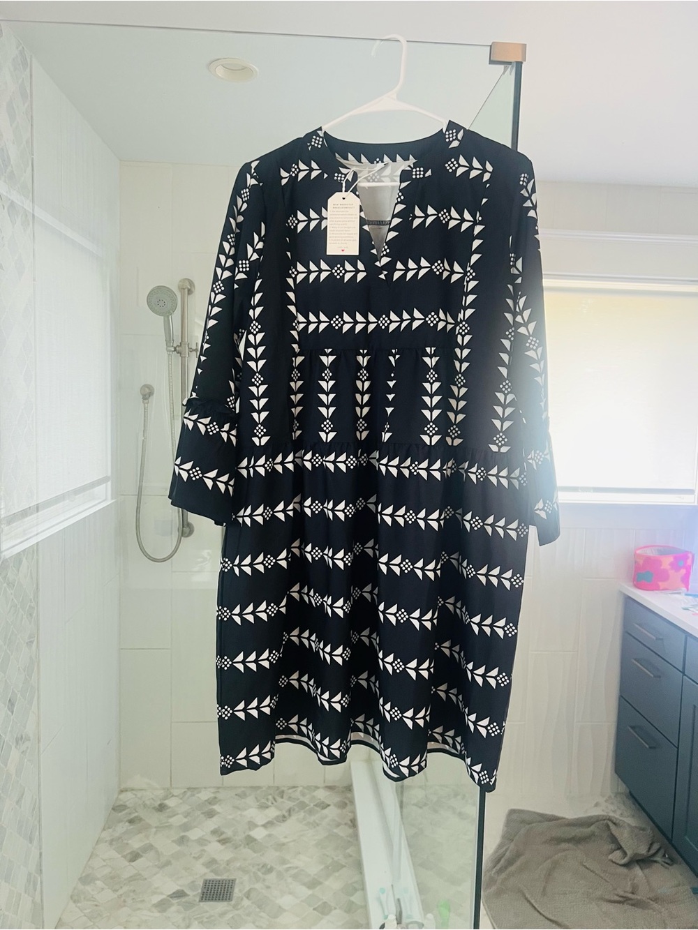 Black & White Printed Midi Dress with Three-Quarter Sleeves